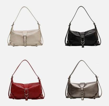 Women's Roxane Handbag in Black Leather, Rock Design with Adjustable Shoulder Strap and Spacious Interior