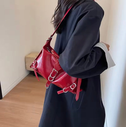 Women's Roxane Handbag in Black Leather, Rock Design with Adjustable Shoulder Strap and Spacious Interior