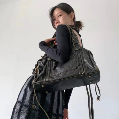 Vintage Y2K PU Leather Handbag for Women - Large Tote Bag with Adjustable Shoulder Strap - Elegant and Practical Style
