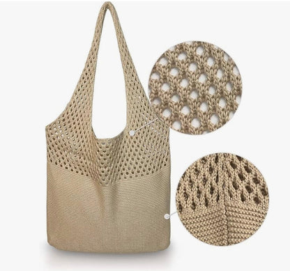 Women's Vintage Crochet Handbag – Large Cotton Tote Ideal for Beach and Summer, Casual Boho Chic Style
