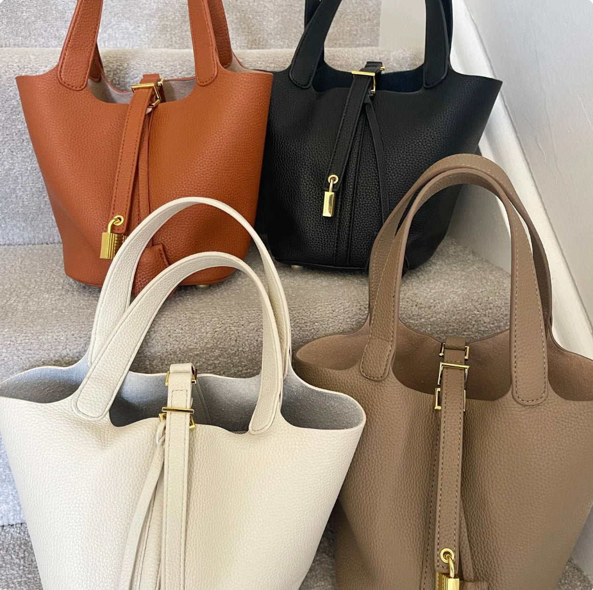Sac à Main Femme Élégant en Cuir Végétalien avec Poignée en Acier – Sac Seau 16x20x19 cm