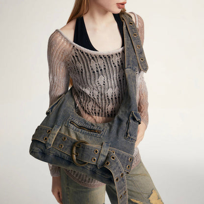 Eclectic Women's Hobo Bag in Denim with Adjustable Strap – Compact and Spacious Handbag for a Trendy Style