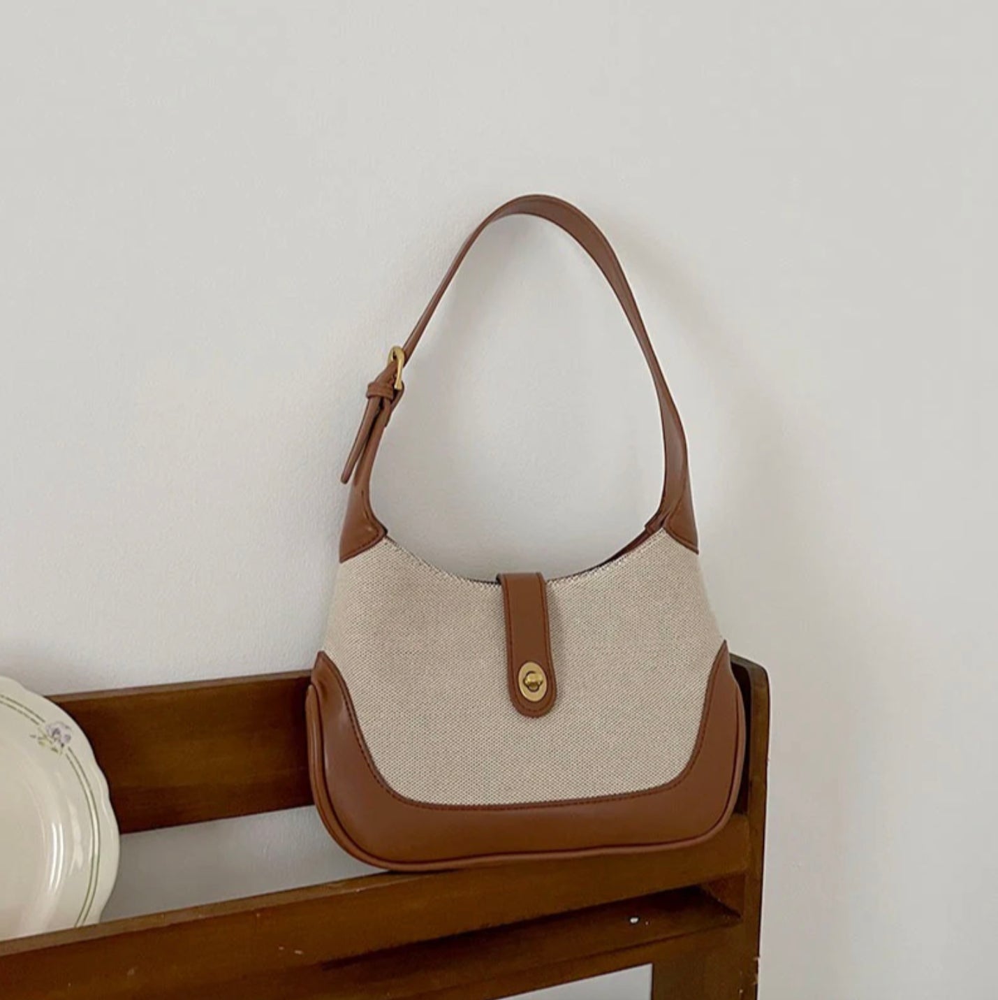 Women's Dalia Two-Tone Shoulder Bag in Textured Canvas with Vegan Leather Trims and Adjustable Shoulder Strap – 26 x 7 x 16 cm