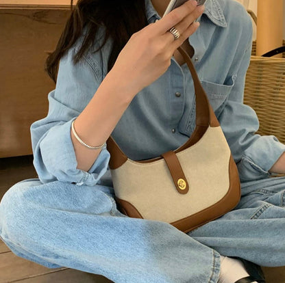 Women's Dalia Two-Tone Shoulder Bag in Textured Canvas with Vegan Leather Trims and Adjustable Shoulder Strap – 26 x 7 x 16 cm