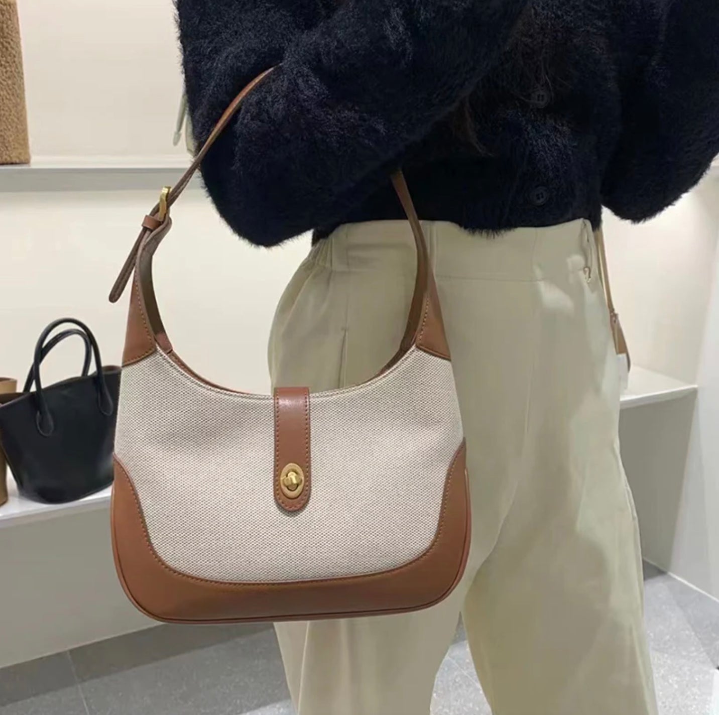 Women's Dalia Two-Tone Shoulder Bag in Textured Canvas with Vegan Leather Trims and Adjustable Shoulder Strap – 26 x 7 x 16 cm