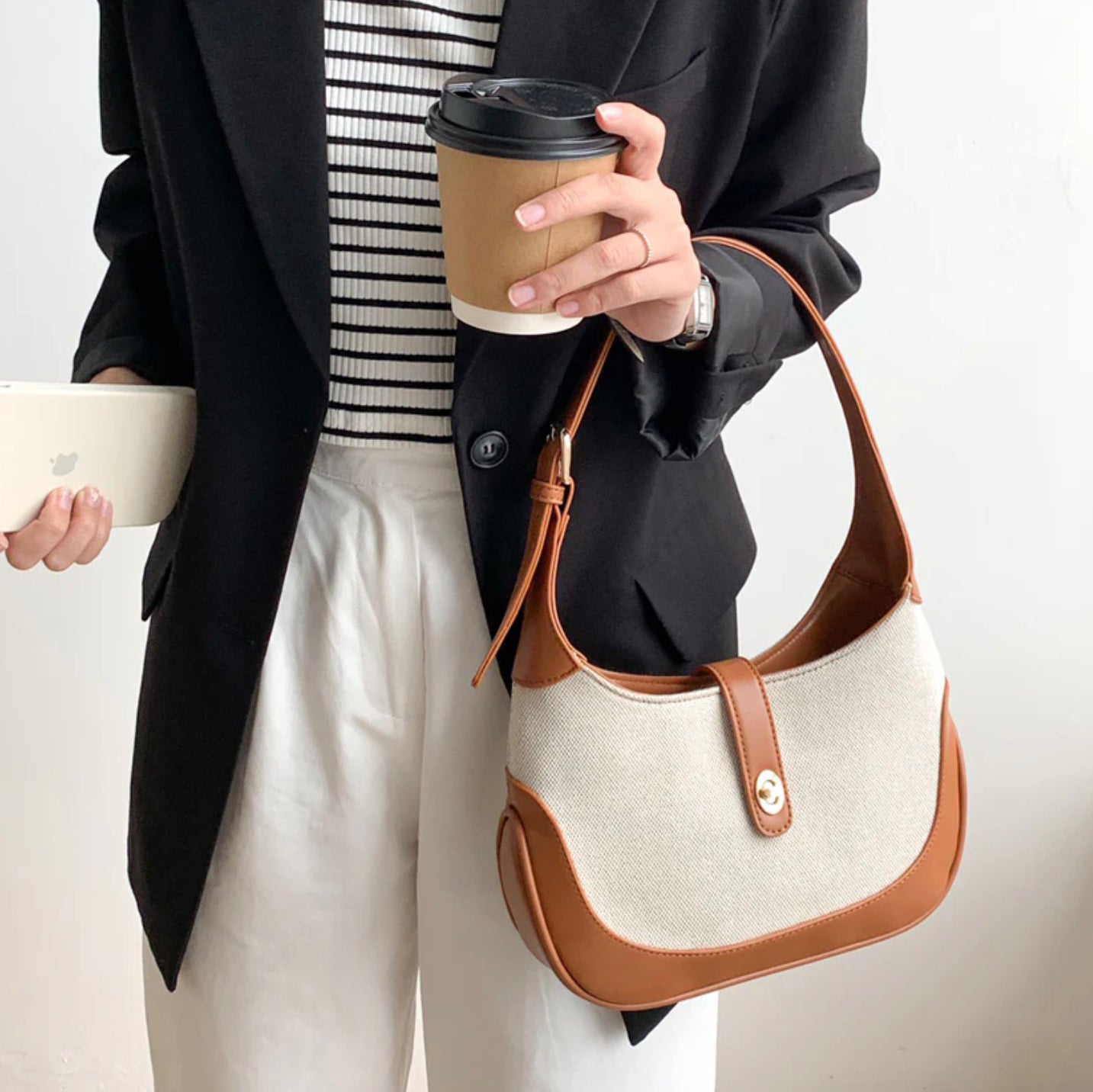 Women's Dalia Two-Tone Shoulder Bag in Textured Canvas with Vegan Leather Trims and Adjustable Shoulder Strap – 26 x 7 x 16 cm