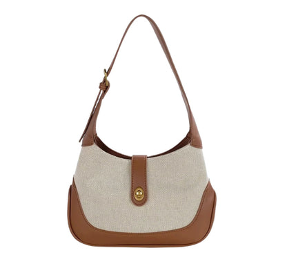 Women's Dalia Two-Tone Shoulder Bag in Textured Canvas with Vegan Leather Trims and Adjustable Shoulder Strap – 26 x 7 x 16 cm