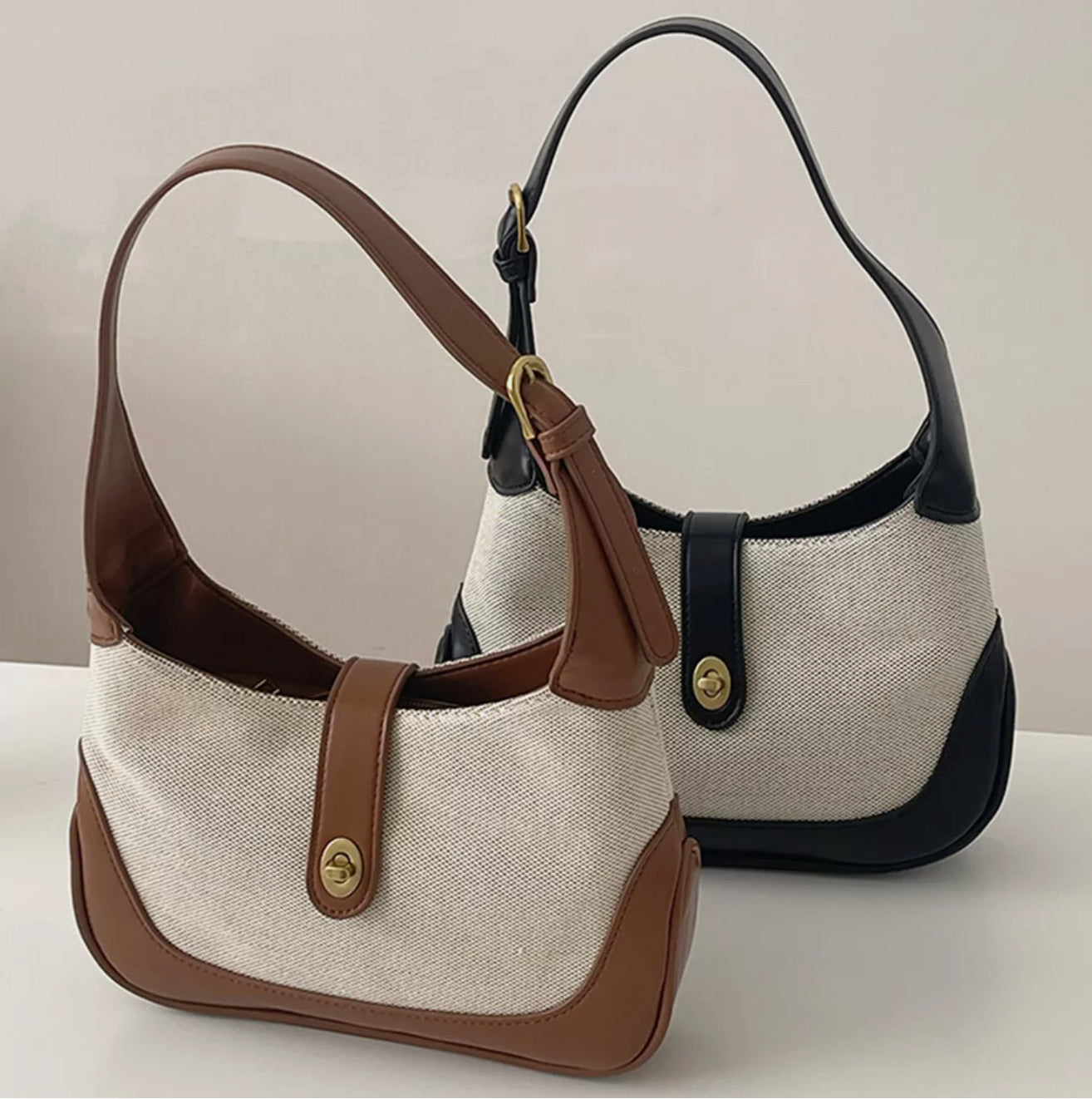 Sac à Épaule Femme Dalia Bi-Ton en Toile Texturée avec Finitions en Cuir Végan et Bandoulière Ajustable – 26 x 7 x 16 cm