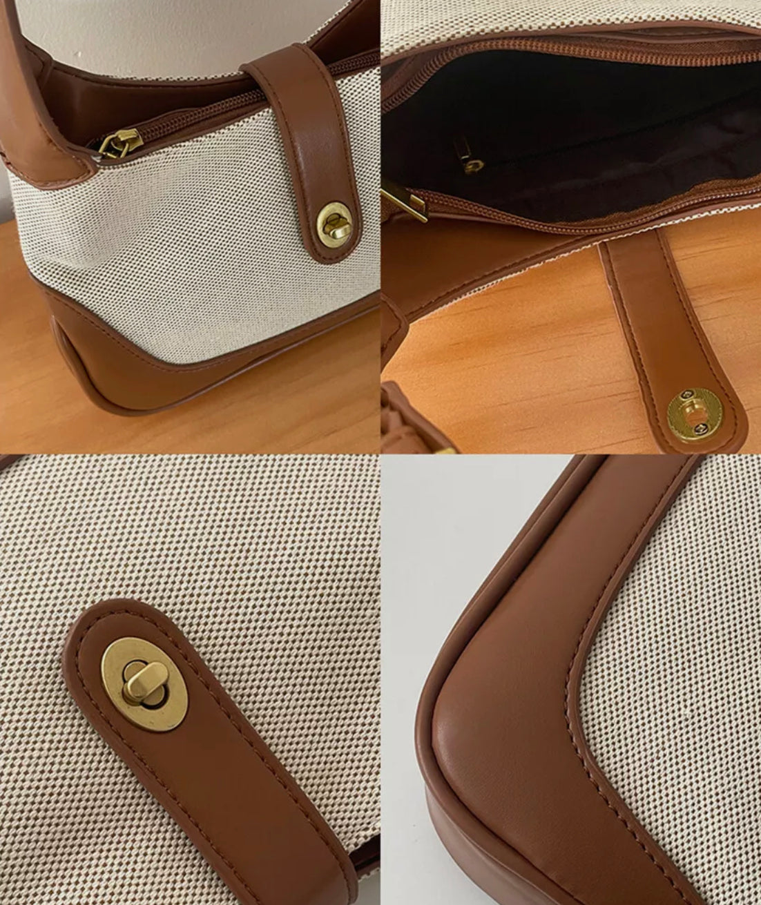 Women's Dalia Two-Tone Shoulder Bag in Textured Canvas with Vegan Leather Trims and Adjustable Shoulder Strap – 26 x 7 x 16 cm