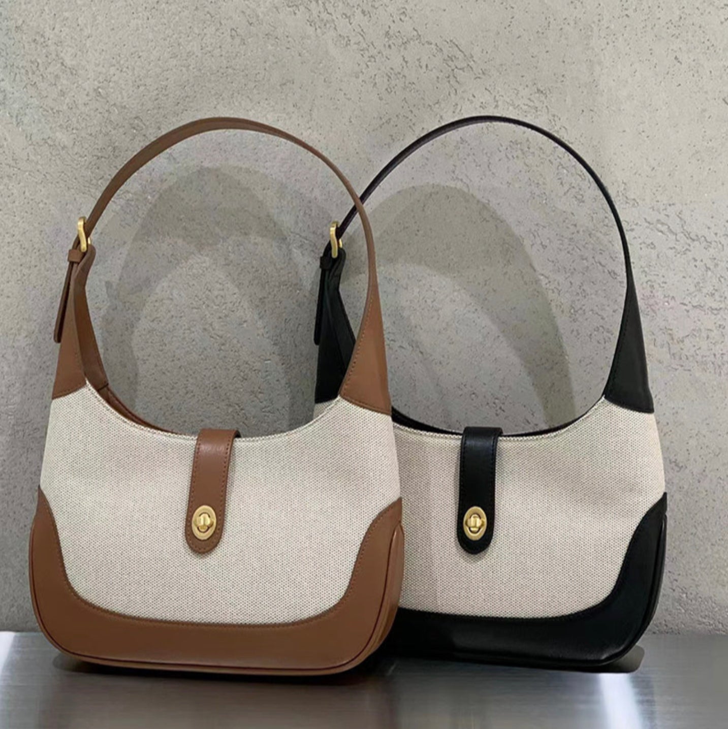 Women's Dalia Two-Tone Shoulder Bag in Textured Canvas with Vegan Leather Trims and Adjustable Shoulder Strap – 26 x 7 x 16 cm