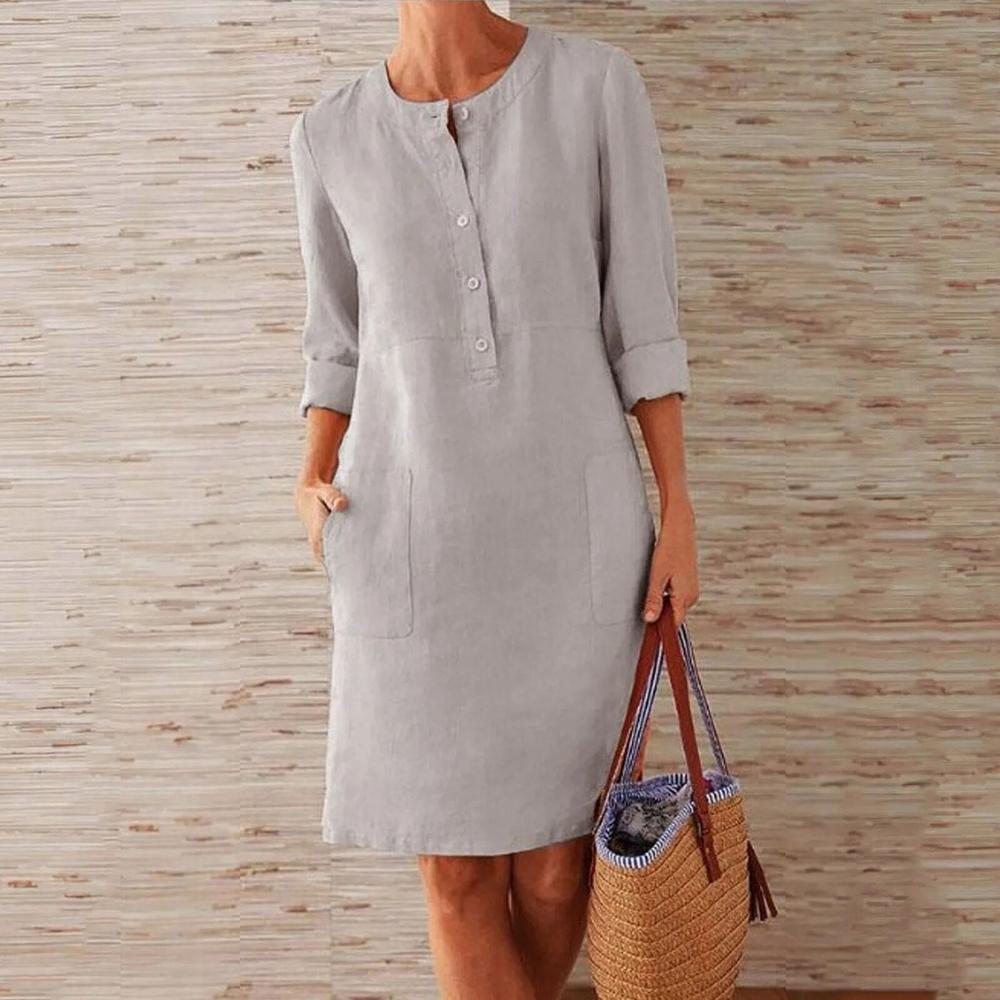 Elegant Women's Knee-Length Dress in Cotton and Linen – Casual and Modern Style, Optimal Comfort
