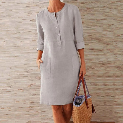 Elegant Women's Knee-Length Dress in Cotton and Linen – Casual and Modern Style, Optimal Comfort