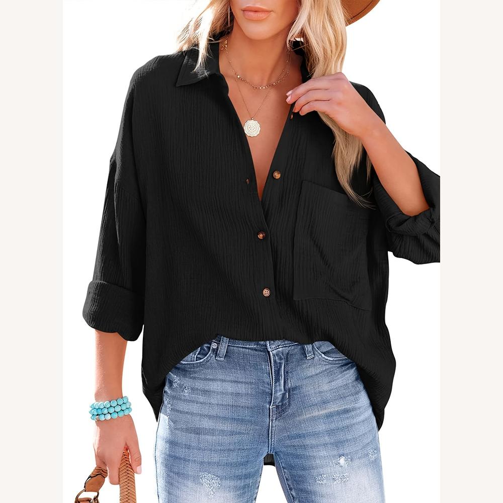 Chemise Femme Décontractée en Coton Magenta, Manches Longues Retroussables, Texture Gaufrée