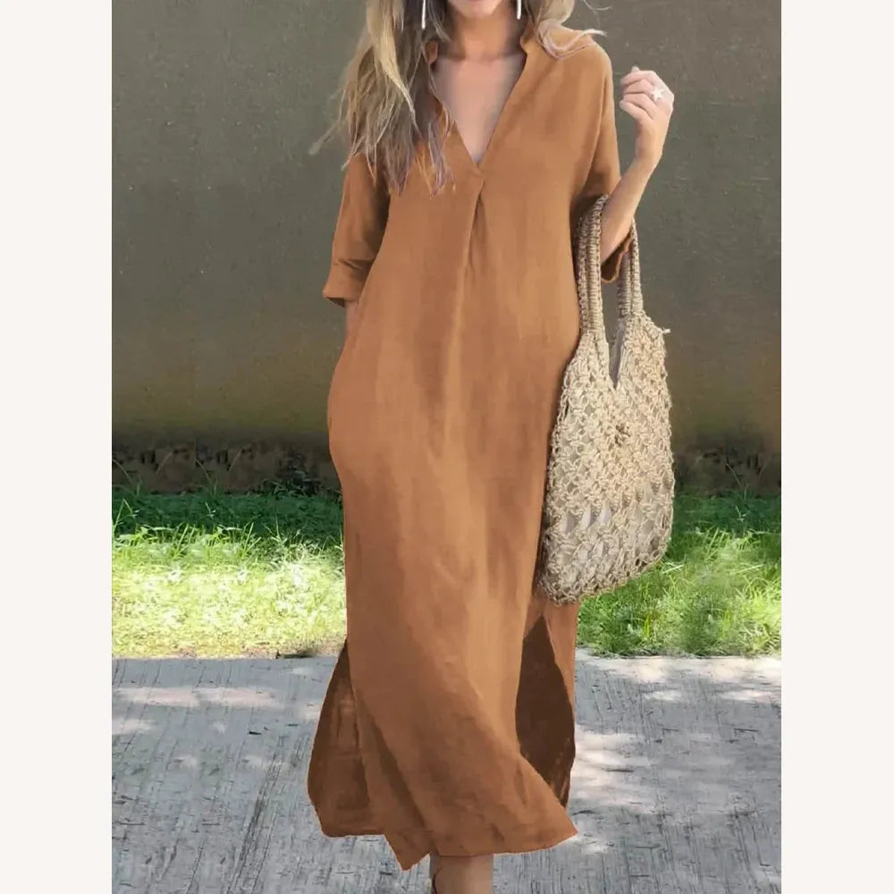 Robe Longue Femme en Lin à Col en V avec Poches – Élégante et Confortable, Disponible en Plusieurs Couleurs