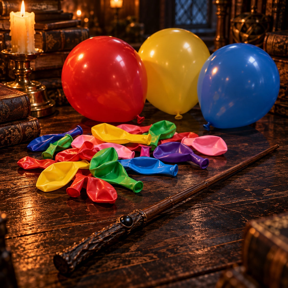 Colorful latex target balloons with a wooden fire magic wand