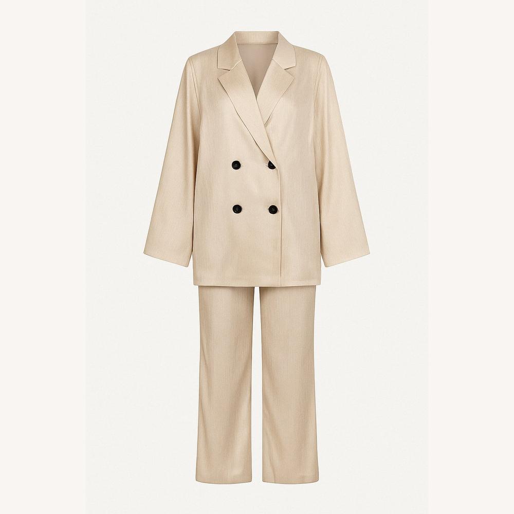 Women's Oversized Satin Suit Set with Double-Breasted Blazer and Wide-Leg Pants – Chic and Elegant