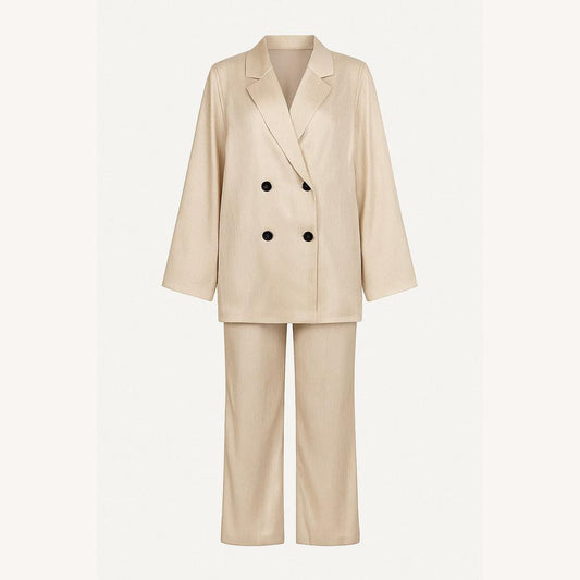Women's Oversized Satin Suit Set with Double-Breasted Blazer and Wide-Leg Pants – Chic and Elegant