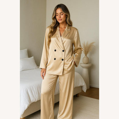 Women's Oversized Satin Suit Set with Double-Breasted Blazer and Wide-Leg Pants – Chic and Elegant