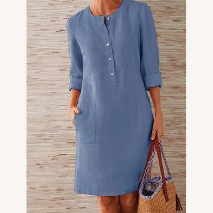 Elegant Women's Knee-Length Dress in Cotton and Linen – Casual and Modern Style, Optimal Comfort
