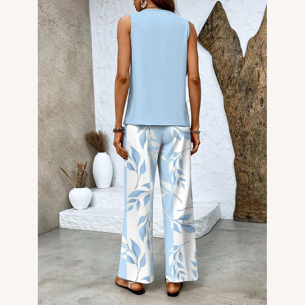 Ensemble Deux Pièces Femme Élégant en Tissu Léger – Top Sans Manches et Pantalon Large pour Été