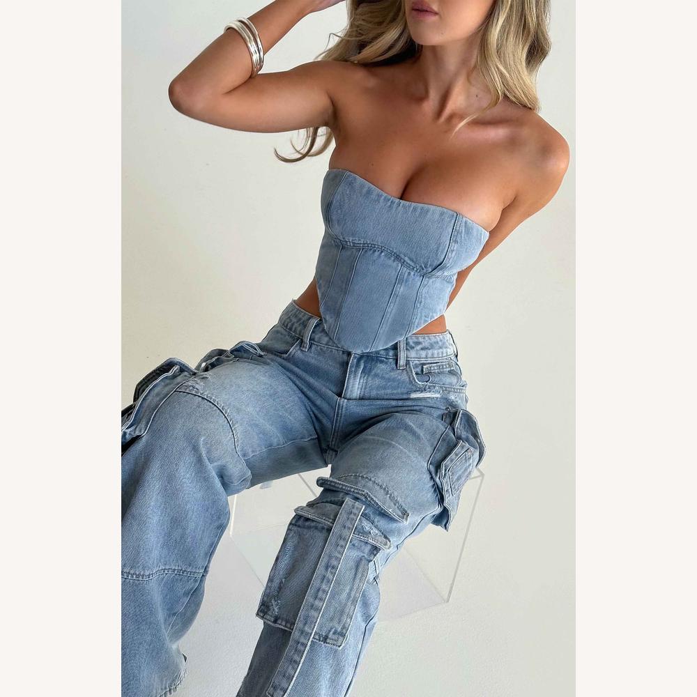 Ensemble Cargo Femme en Denim avec Top Bustier et Pantalon Taille Haute – Style Sport Urbain