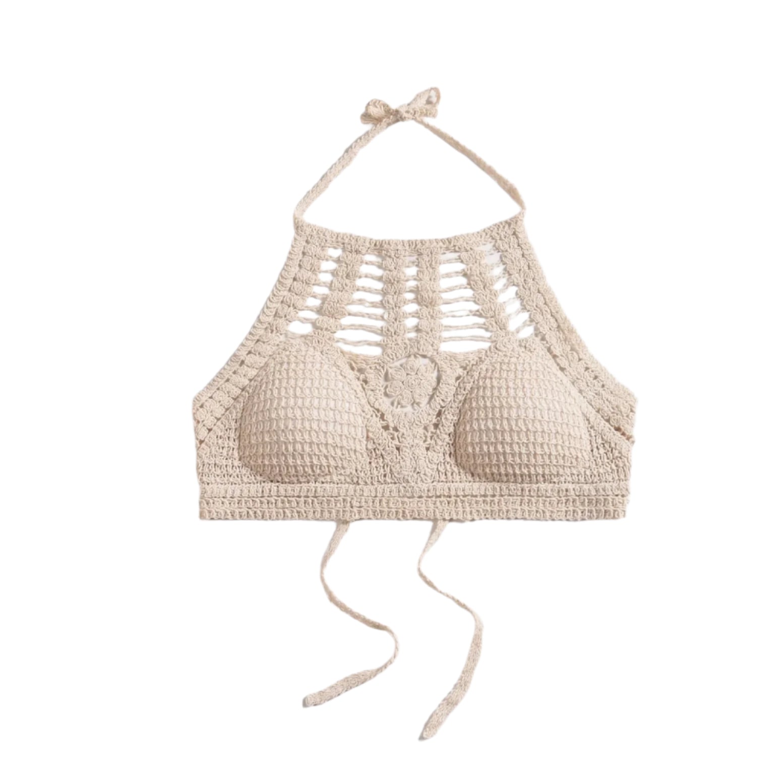 Crop Top Femme en Crochet Boho Chic – Top Crop Blanc à Lien au Cou pour un Look Estival Élégant