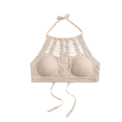 Women's Boho Chic Crochet Crop Top – White Crop Top with Neck Tie for an Elegant Summer Look