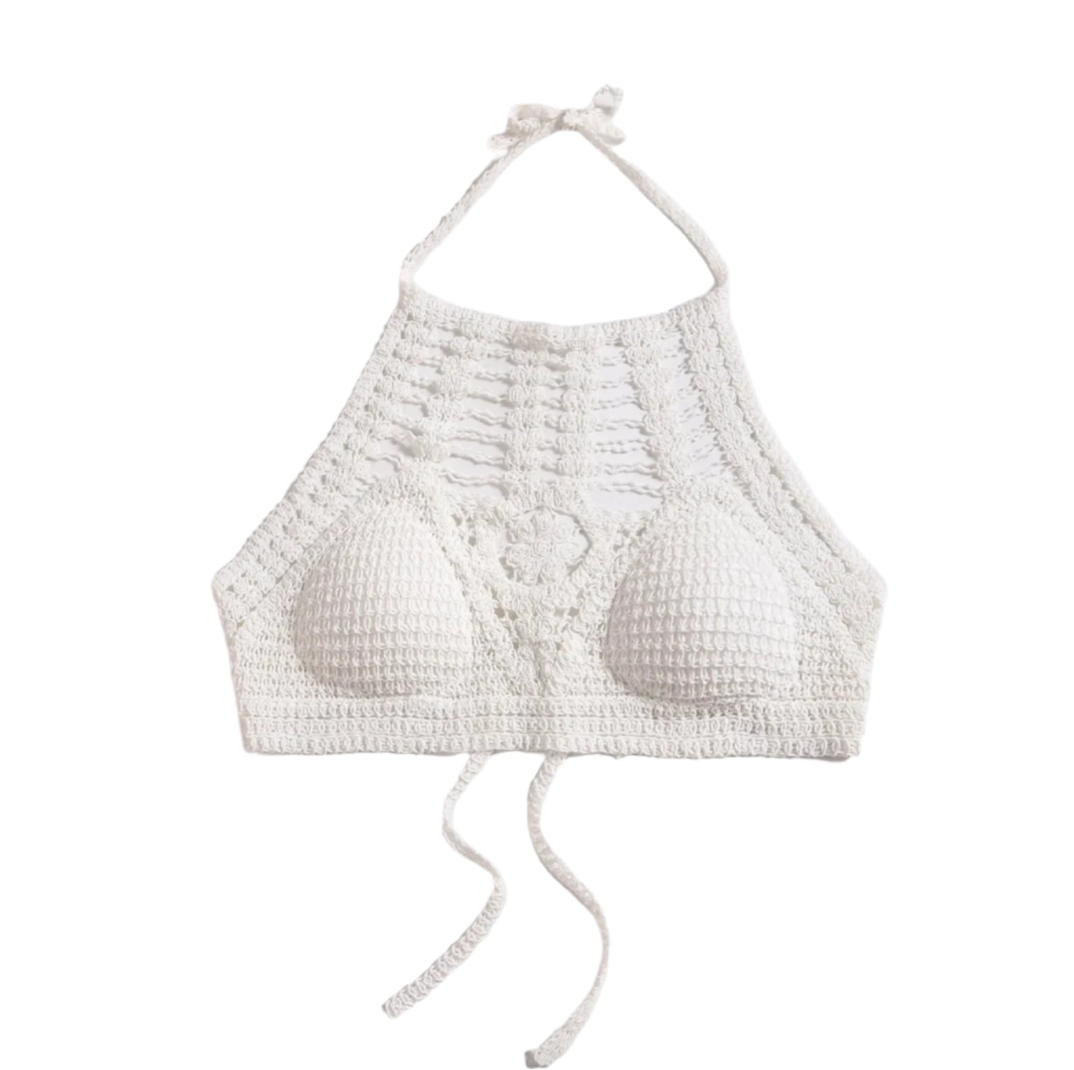 Crop Top Femme en Crochet Boho Chic – Top Crop Blanc à Lien au Cou pour un Look Estival Élégant