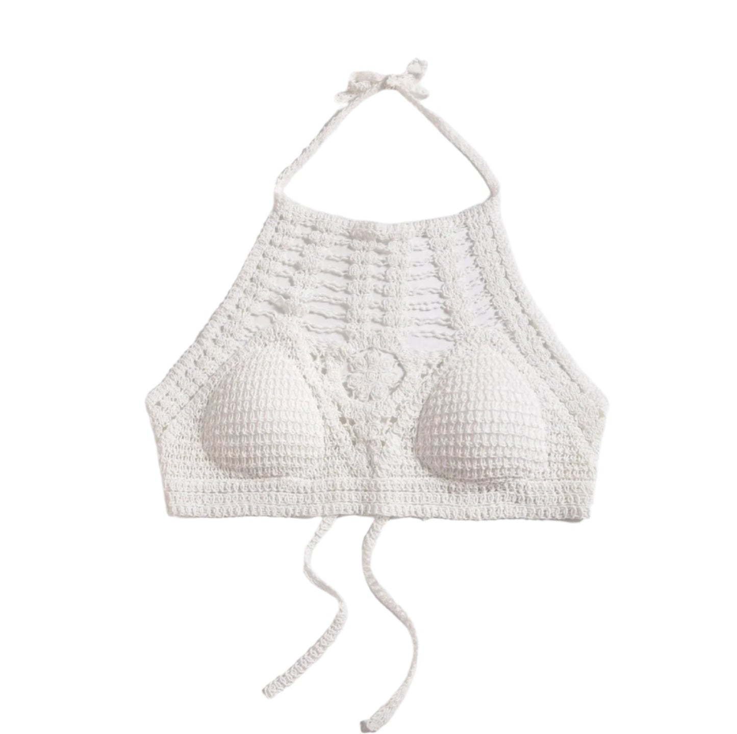 Women's Boho Chic Crochet Crop Top – White Crop Top with Neck Tie for an Elegant Summer Look