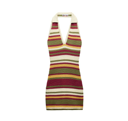 Women's Striped Mini Knit Dress - Retro 70s Style with V-Neckline, Flattering Cut, and Soft Fabric