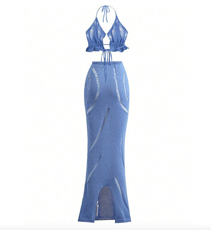 Sexy Lace-Up Backless Set with Ruffle Details for Women – Halter Neckline, Slim Fit, Perfect for Summer