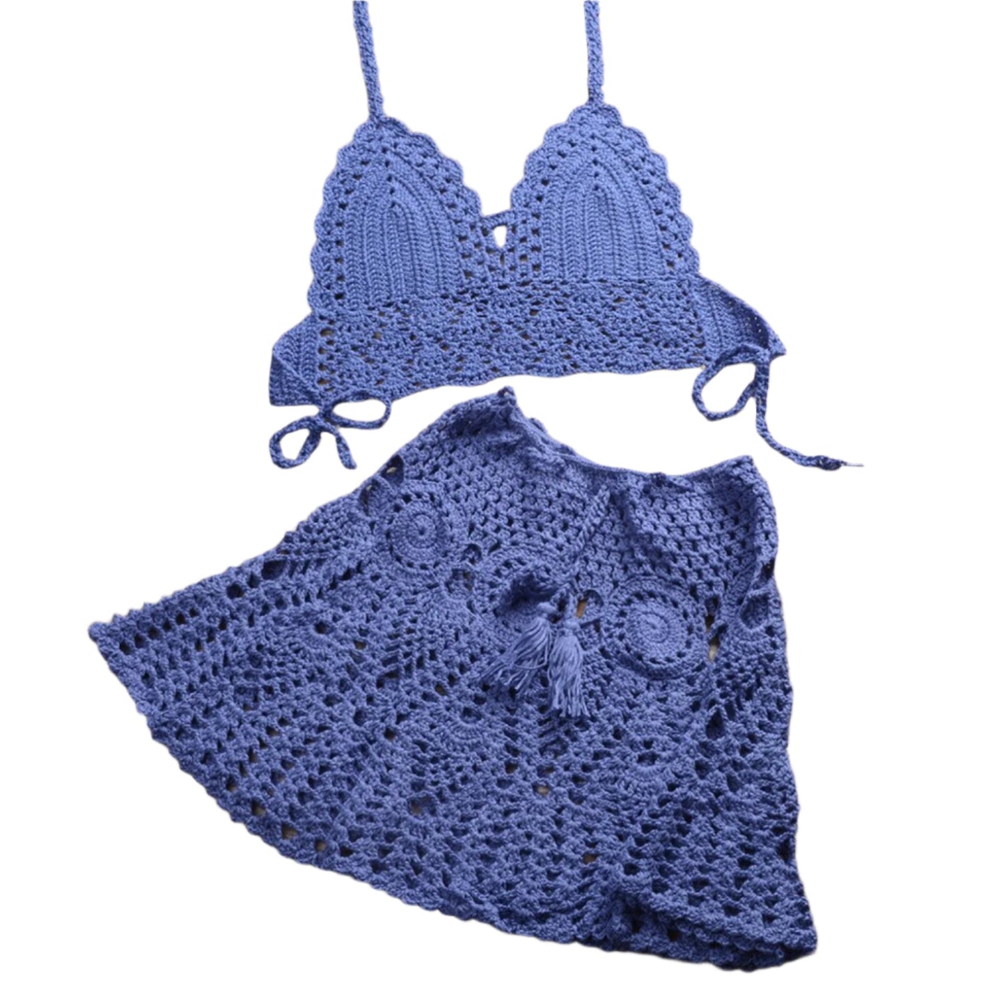 Boho Crochet Bikini Set with Pleated Cotton Skirt – Summer Elegance for Women