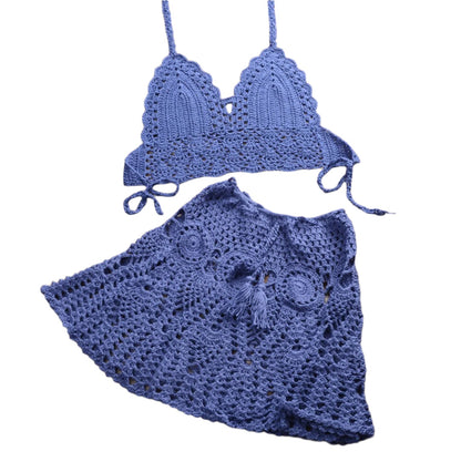 Boho Crochet Bikini Set with Pleated Cotton Skirt – Summer Elegance for Women
