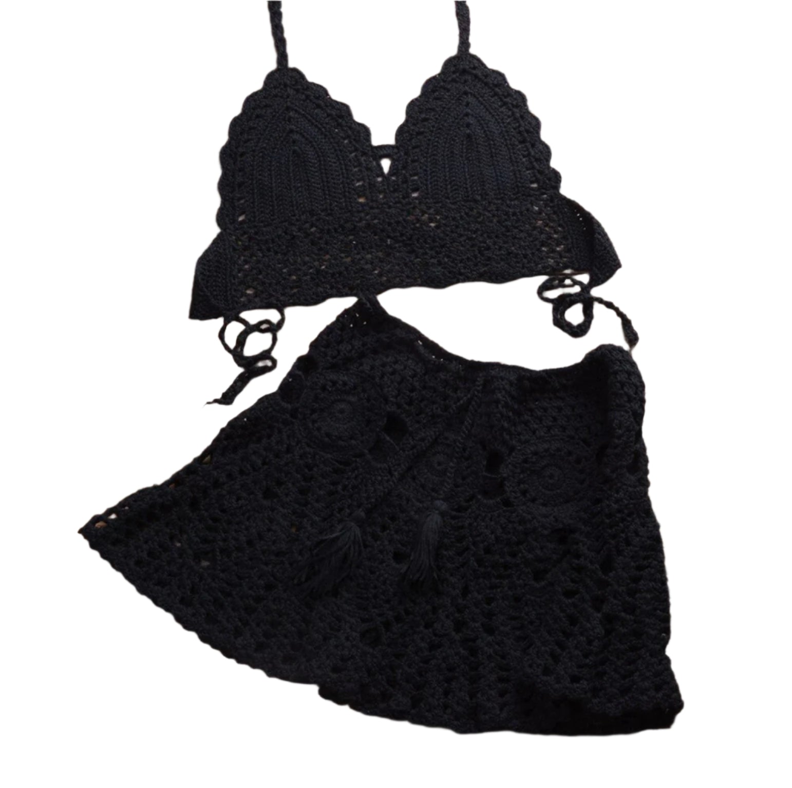 Ensemble de Bikini au Crochet Boho avec Jupe Plissée en Coton – Élégance d'Été pour Femme