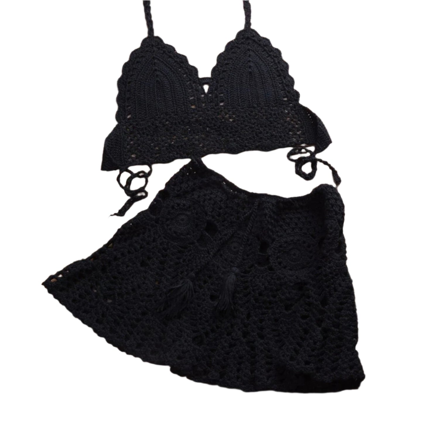 Boho Crochet Bikini Set with Pleated Cotton Skirt – Summer Elegance for Women