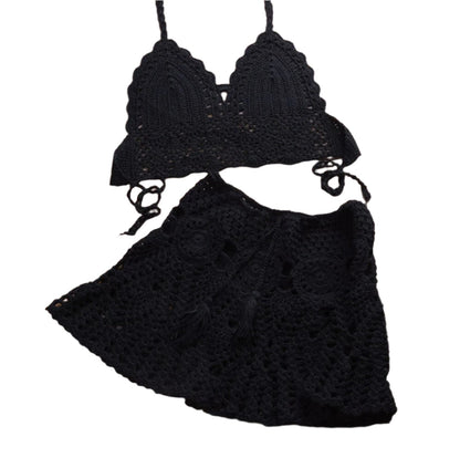 Boho Crochet Bikini Set with Pleated Cotton Skirt – Summer Elegance for Women