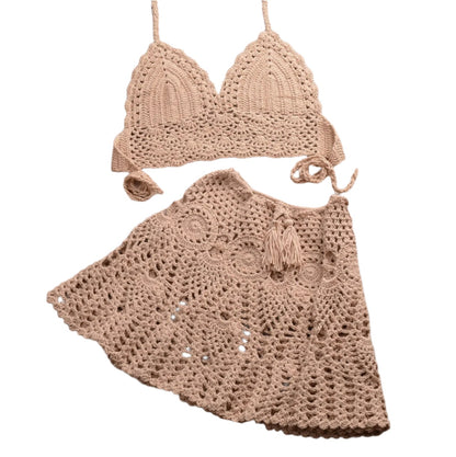 Boho Crochet Bikini Set with Pleated Cotton Skirt – Summer Elegance for Women