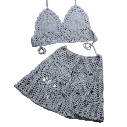 Boho Crochet Bikini Set with Pleated Cotton Skirt – Summer Elegance for Women