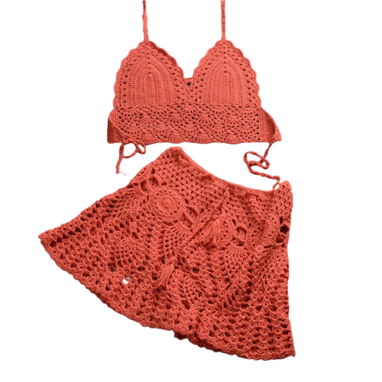 Ensemble de Bikini au Crochet Boho avec Jupe Plissée en Coton – Élégance d'Été pour Femme