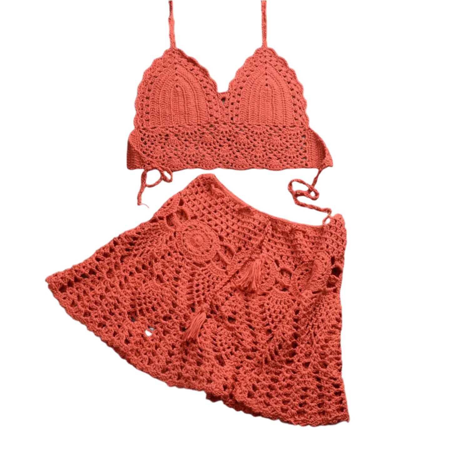 Boho Crochet Bikini Set with Pleated Cotton Skirt – Summer Elegance for Women