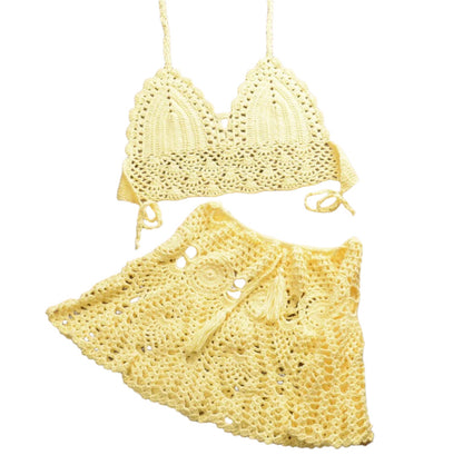 Boho Crochet Bikini Set with Pleated Cotton Skirt – Summer Elegance for Women
