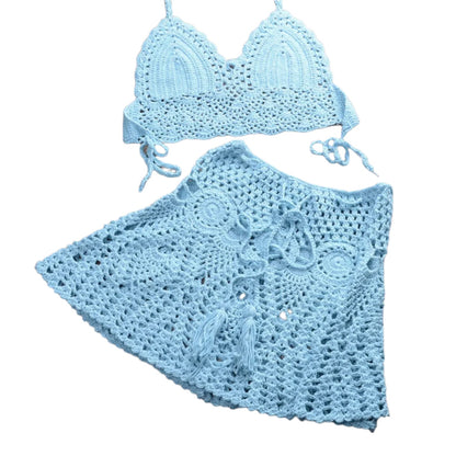 Boho Crochet Bikini Set with Pleated Cotton Skirt – Summer Elegance for Women