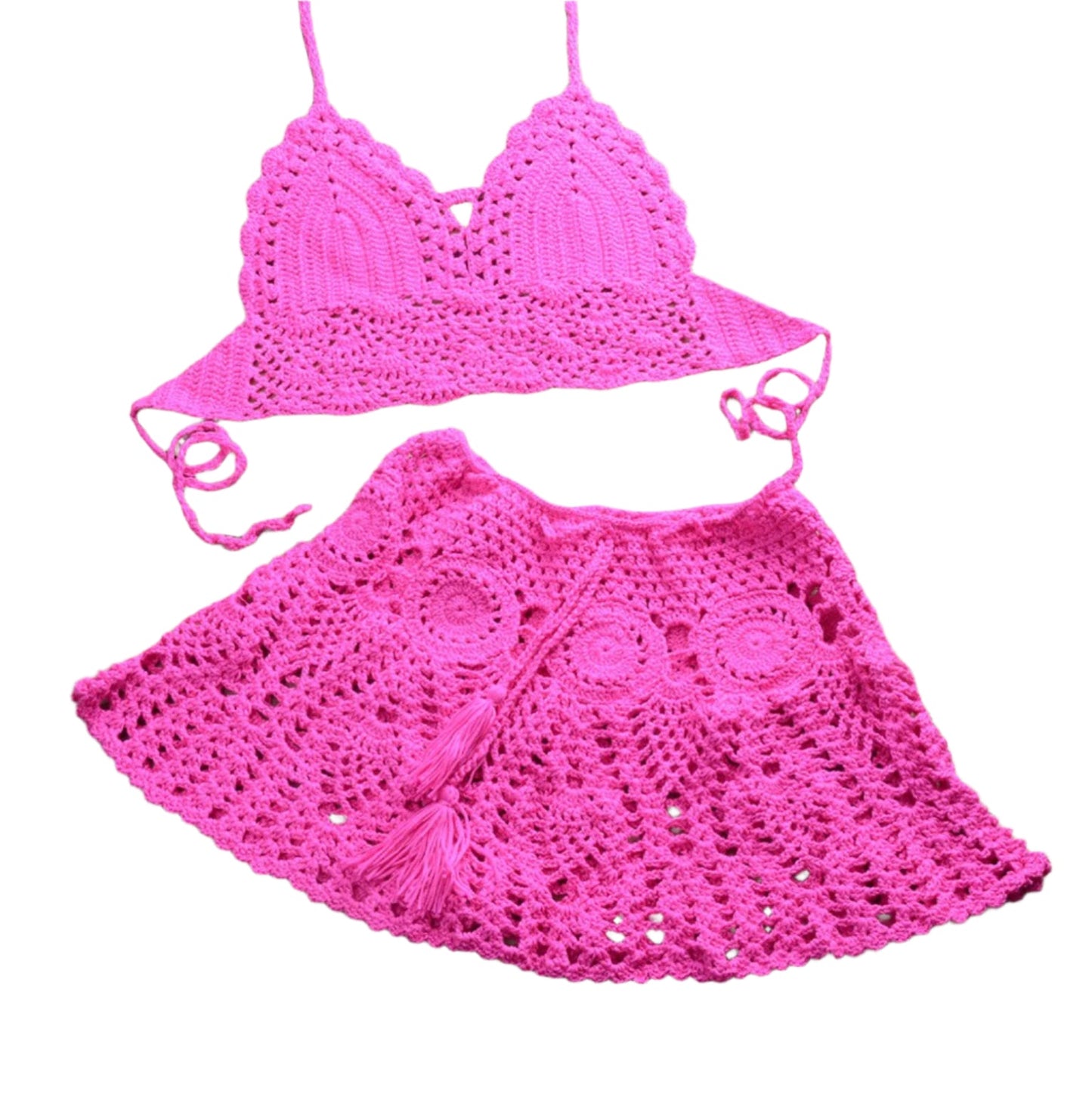 Boho Crochet Bikini Set with Pleated Cotton Skirt – Summer Elegance for Women