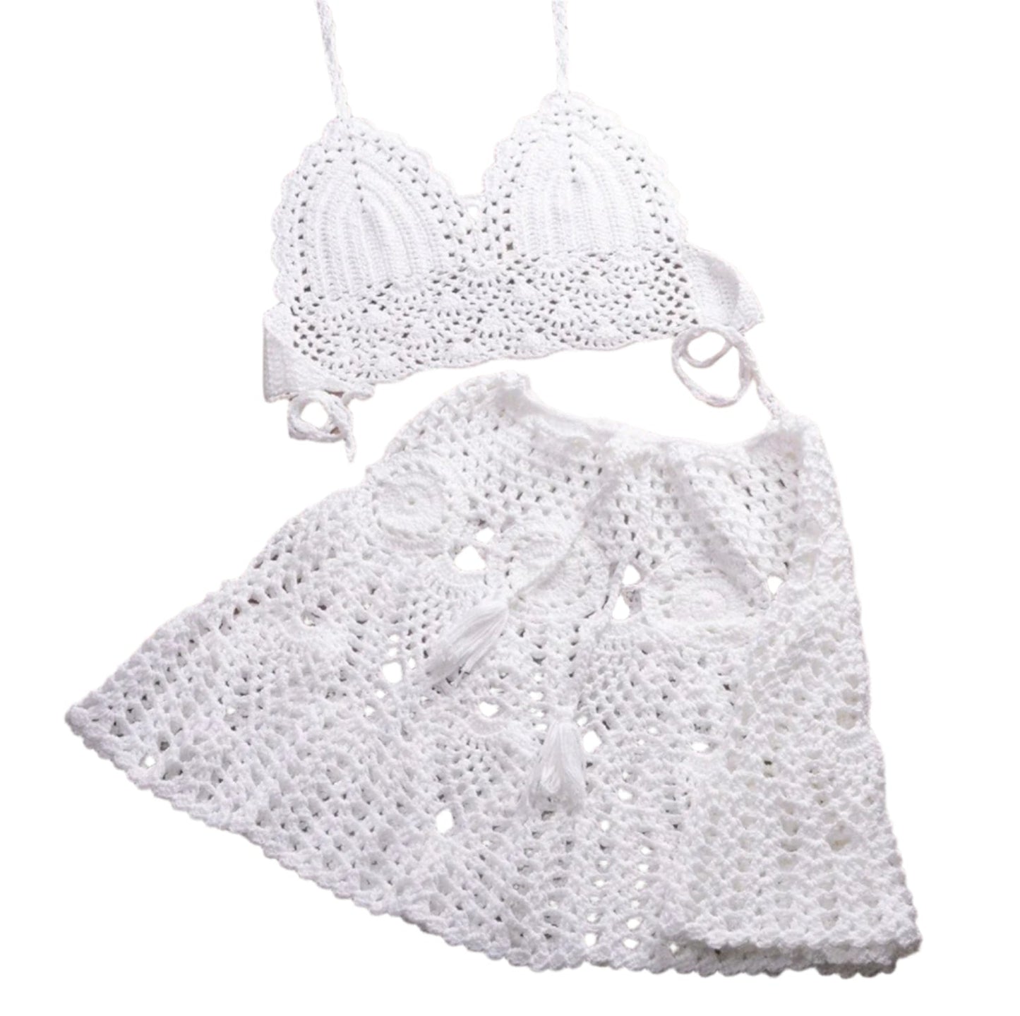 Boho Crochet Bikini Set with Pleated Cotton Skirt – Summer Elegance for Women