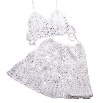 Boho Crochet Bikini Set with Pleated Cotton Skirt – Summer Elegance for Women