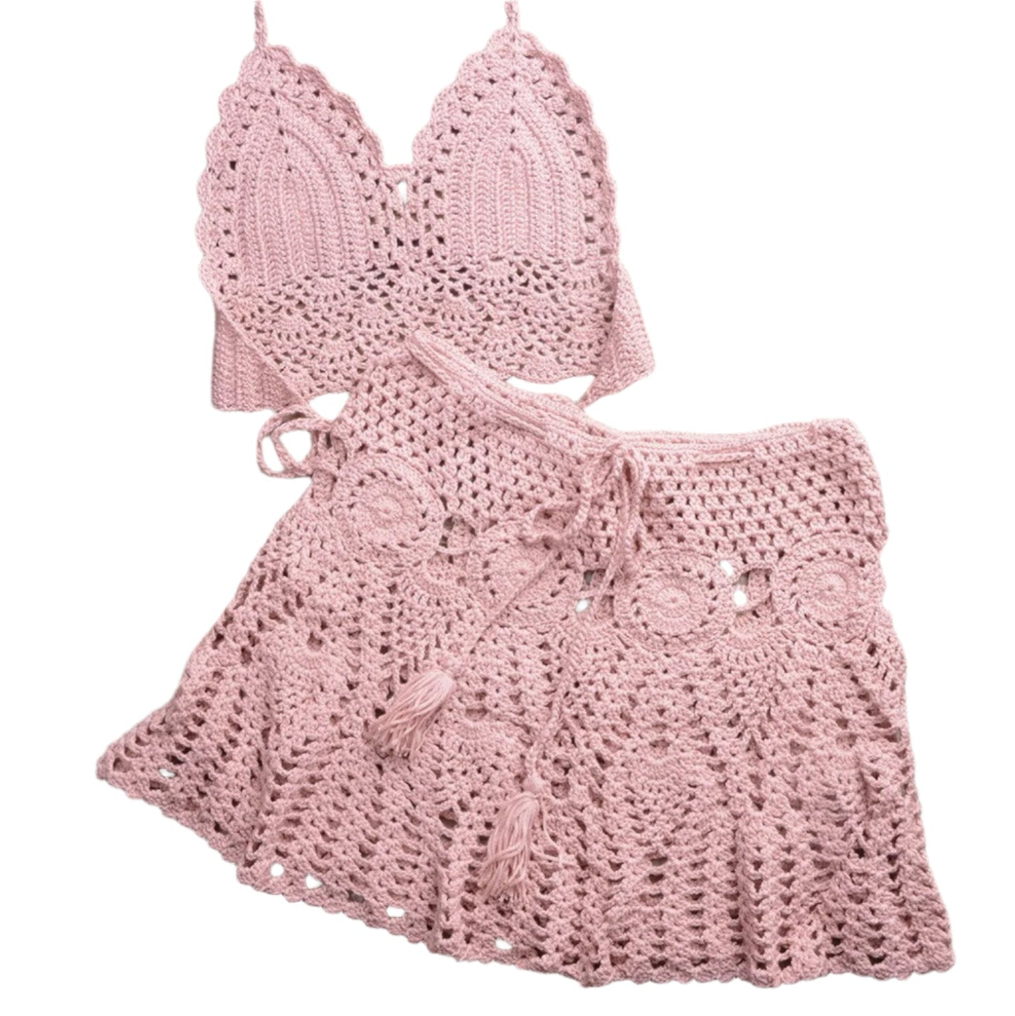 Boho Crochet Bikini Set with Pleated Cotton Skirt – Summer Elegance for Women