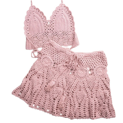 Boho Crochet Bikini Set with Pleated Cotton Skirt – Summer Elegance for Women