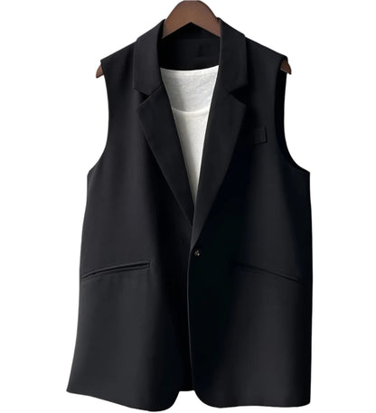 Elegant Sleeveless Women's Blazer in Polyester - Chic Minimalist Black Blazer Jacket, Fitted and Modern Cut