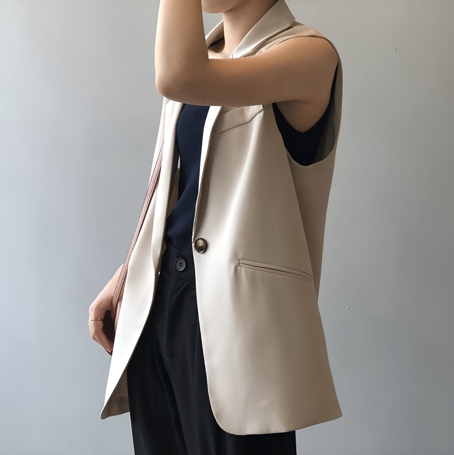 Elegant Sleeveless Women's Blazer in Polyester - Chic Minimalist Black Blazer Jacket, Fitted and Modern Cut