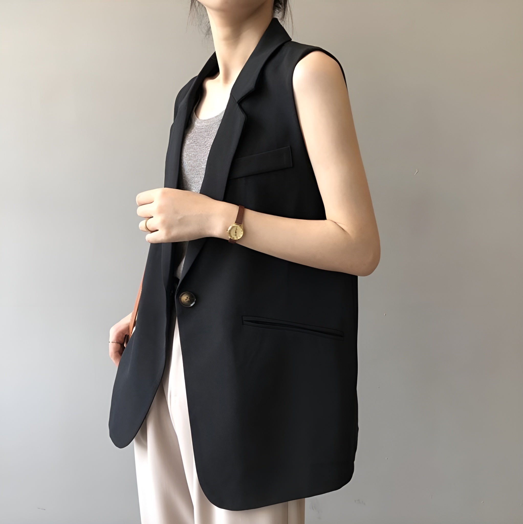Blazer Sans Manches Femme Élégant en Polyester - Veste Blazer Chic Minimaliste Noir, Coupe Ajustée et Moderne